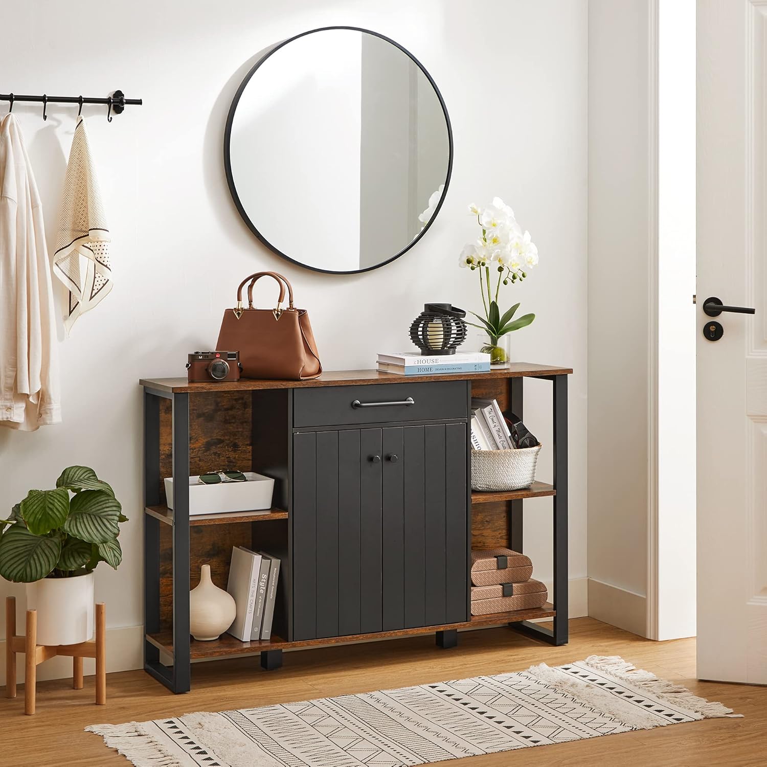 Rustic Brown and Black Steel Frame Buffet Cabinet with Drawer and Shelves T49802
