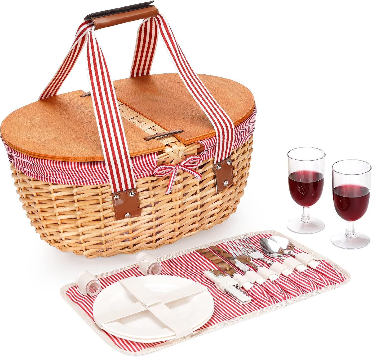 Wicker Picnic Basket Set for 2 with Double Wooden Lids & Handles and Cutlery Service Kits I493