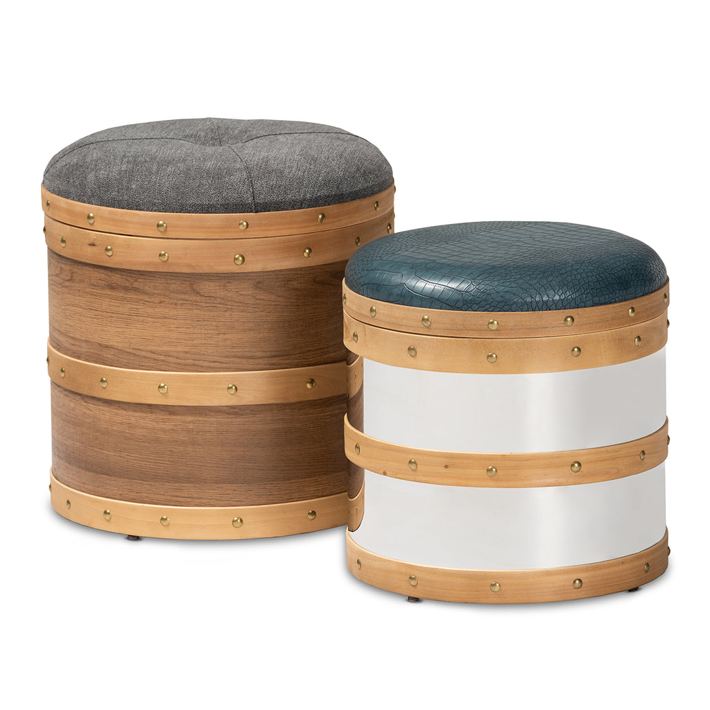 Grey Fabric and Blue Alligator Faux Leather 2-Piece Wood and Metal Storage Ottoman Set F589814