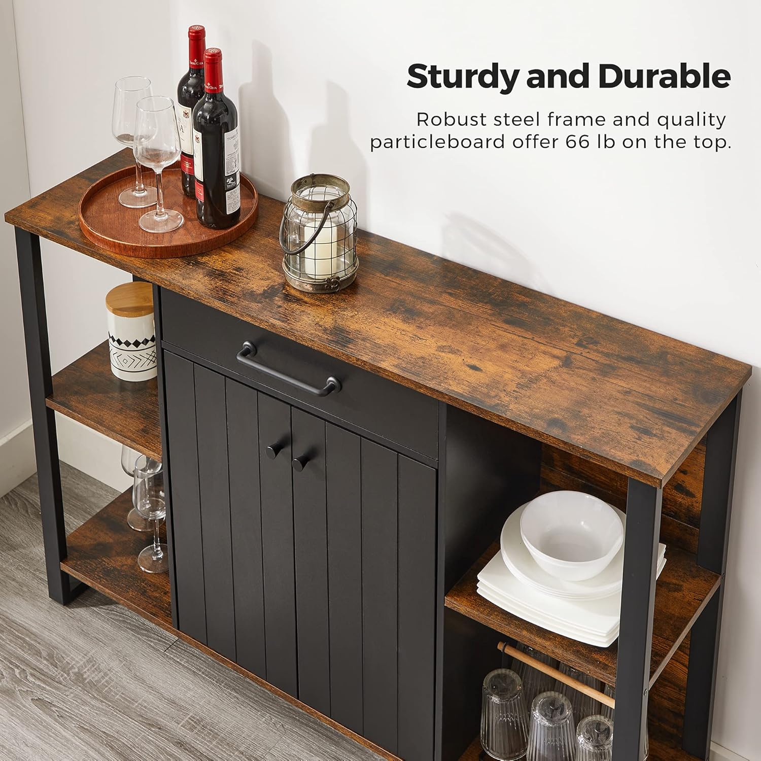 Rustic Brown and Black Steel Frame Buffet Cabinet with Drawer and Shelves T49802