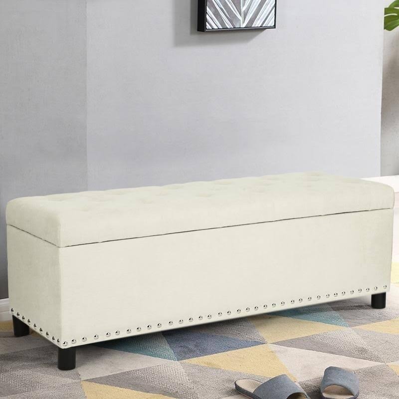 Beige Linen Storage Ottoman Bench with Nailhead Trim V126