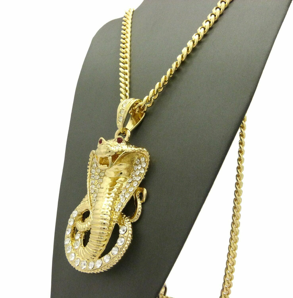 Gold Plated Cubic Zirconia Snake Pendant & 30" Cuban Chain Necklace U569991