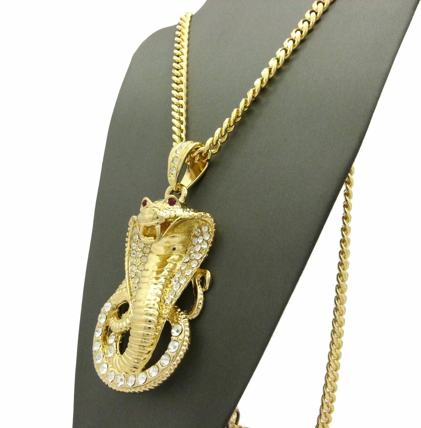 Gold Plated Cubic Zirconia Snake Pendant & 30" Cuban Chain Necklace U569991