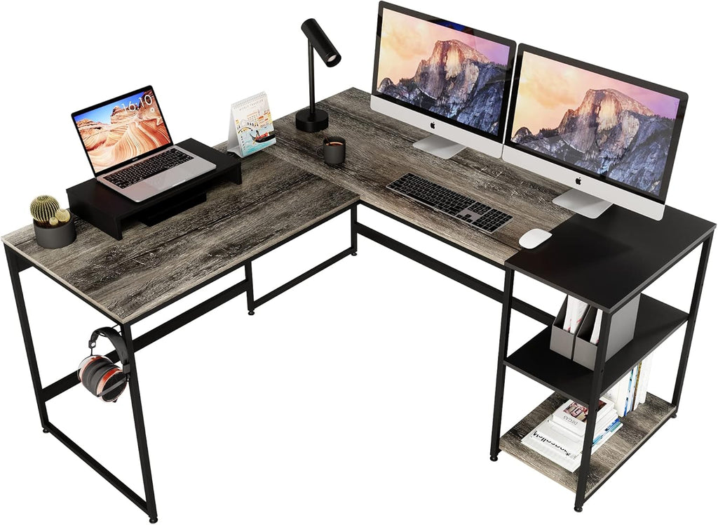 Grey Oak L Shaped Desk with Shelves 95.2 Inch Reversible Corner Computer Desk Z25486