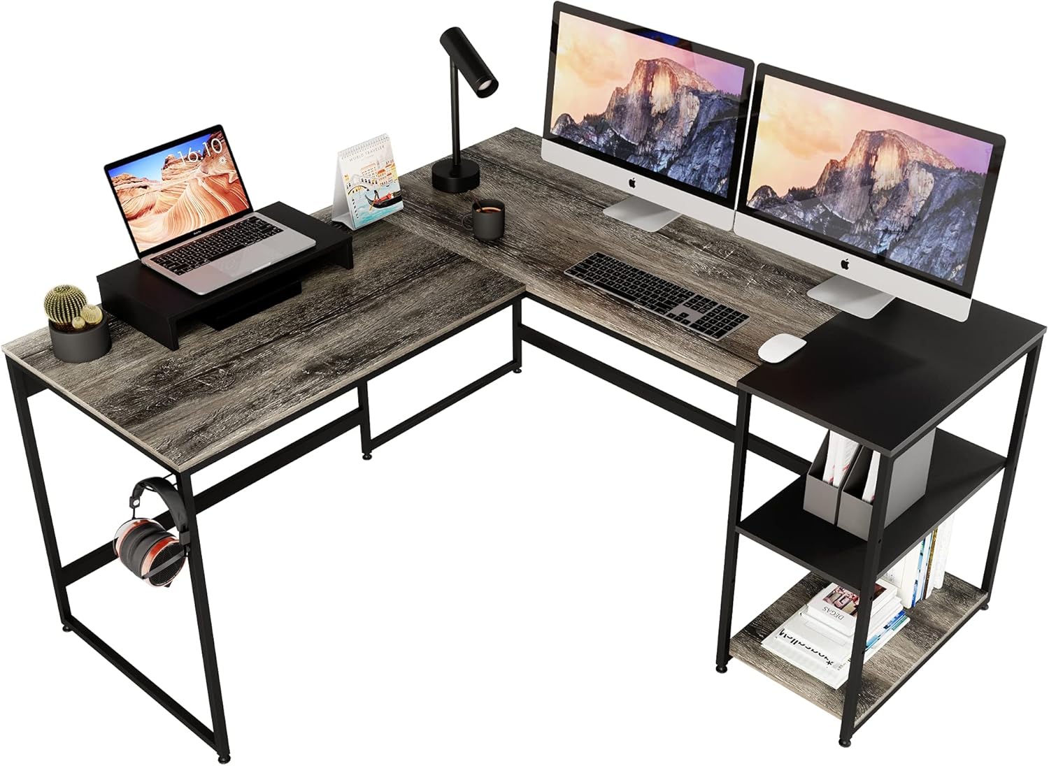 Grey Oak L Shaped Desk with Shelves 95.2 Inch Reversible Corner Computer Desk Z25486