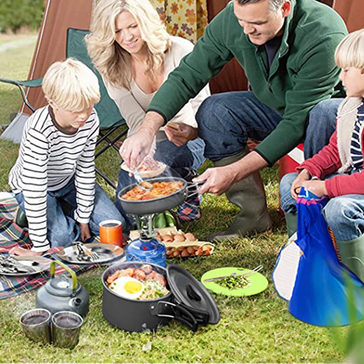 Festnight Outdoor Camping Cookware Mess Kit Pot Pan Kettle Cooking Set Tableware with Spoon Fork Cutter D385366
