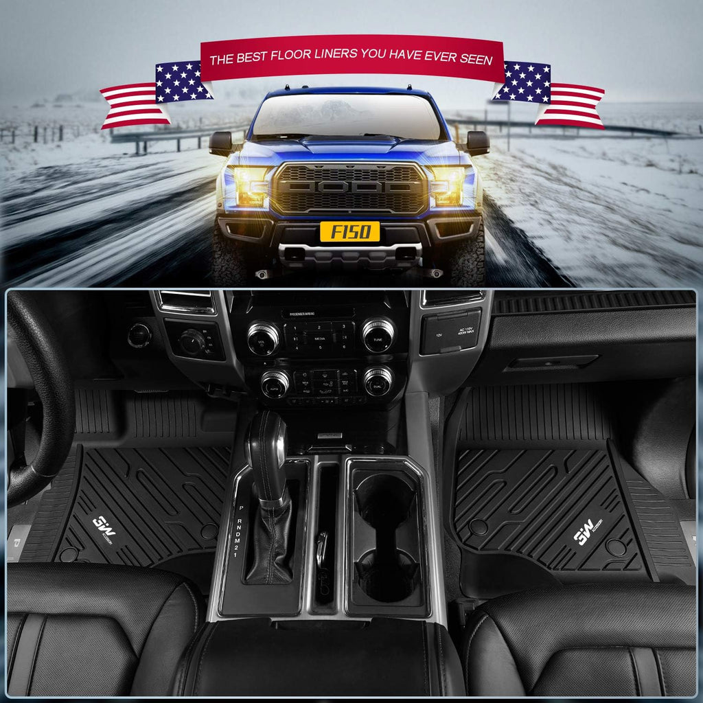 Black TPE All Weather Custom Fit Floor Mats for Ford F150 SuperCrew Cab 2015-2022 1st and 2nd Row Full Set B75640