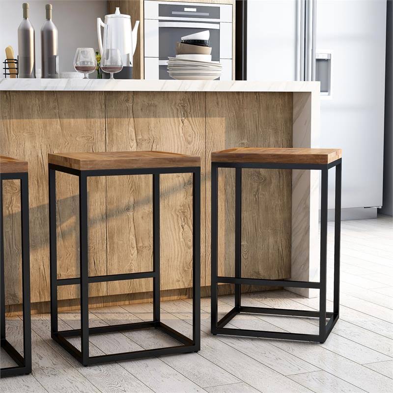 Rustic Metal Square Barstool in Natural Oak B621038