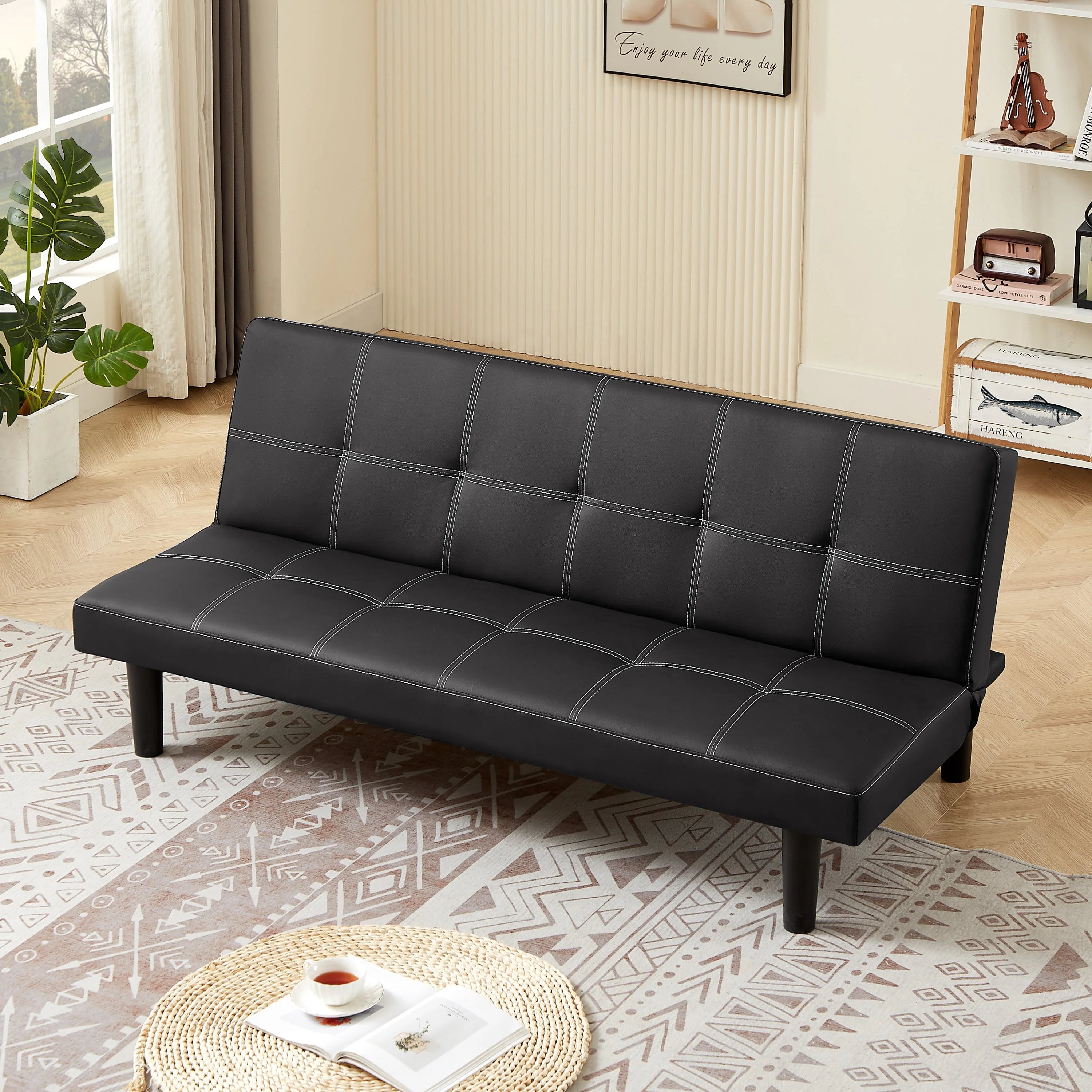 Black PU Convertible Sofa Bed O79738