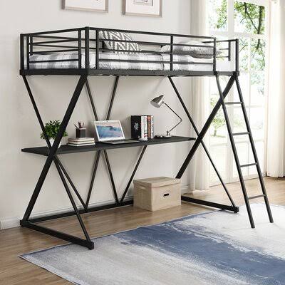 Black Twin Metal Loft Bed with Built-in Desk B57693