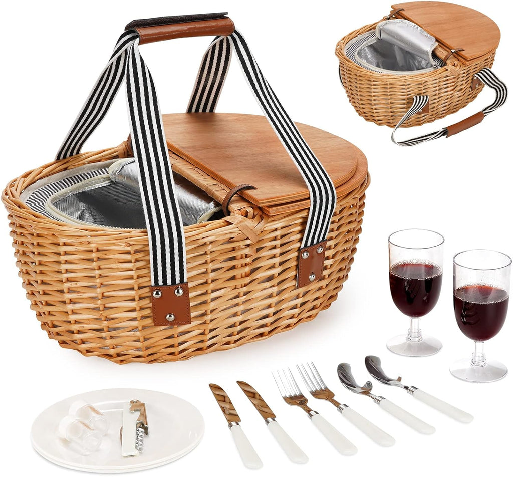 Wicker Picnic Basket Set for 2 with Double Wooden Lids & Handles and Cutlery Service Kits I493