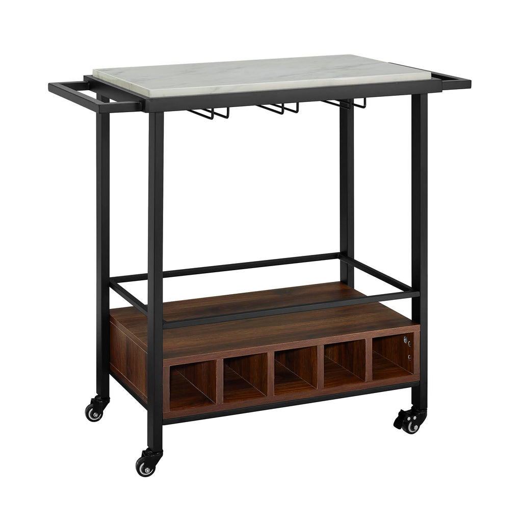 Faux White Marble Dark Walnut Serving Bar Cart Y84328