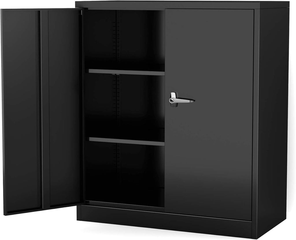 Metal Storage Cabinet with 2 Adjustable Shelves and Lockable Doors Black Z559