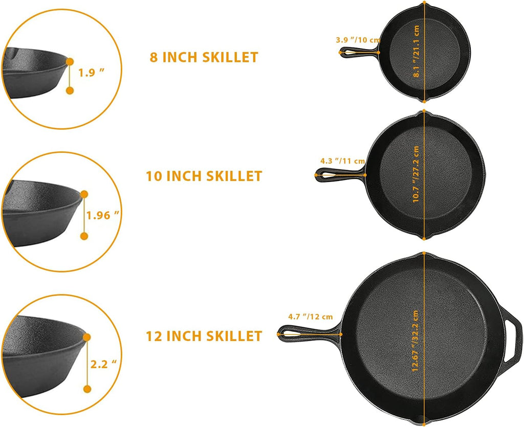 Cast Iron Skillet 3-Pack Set (8, 10, 12) Pre-Seasoned Cookware V686675