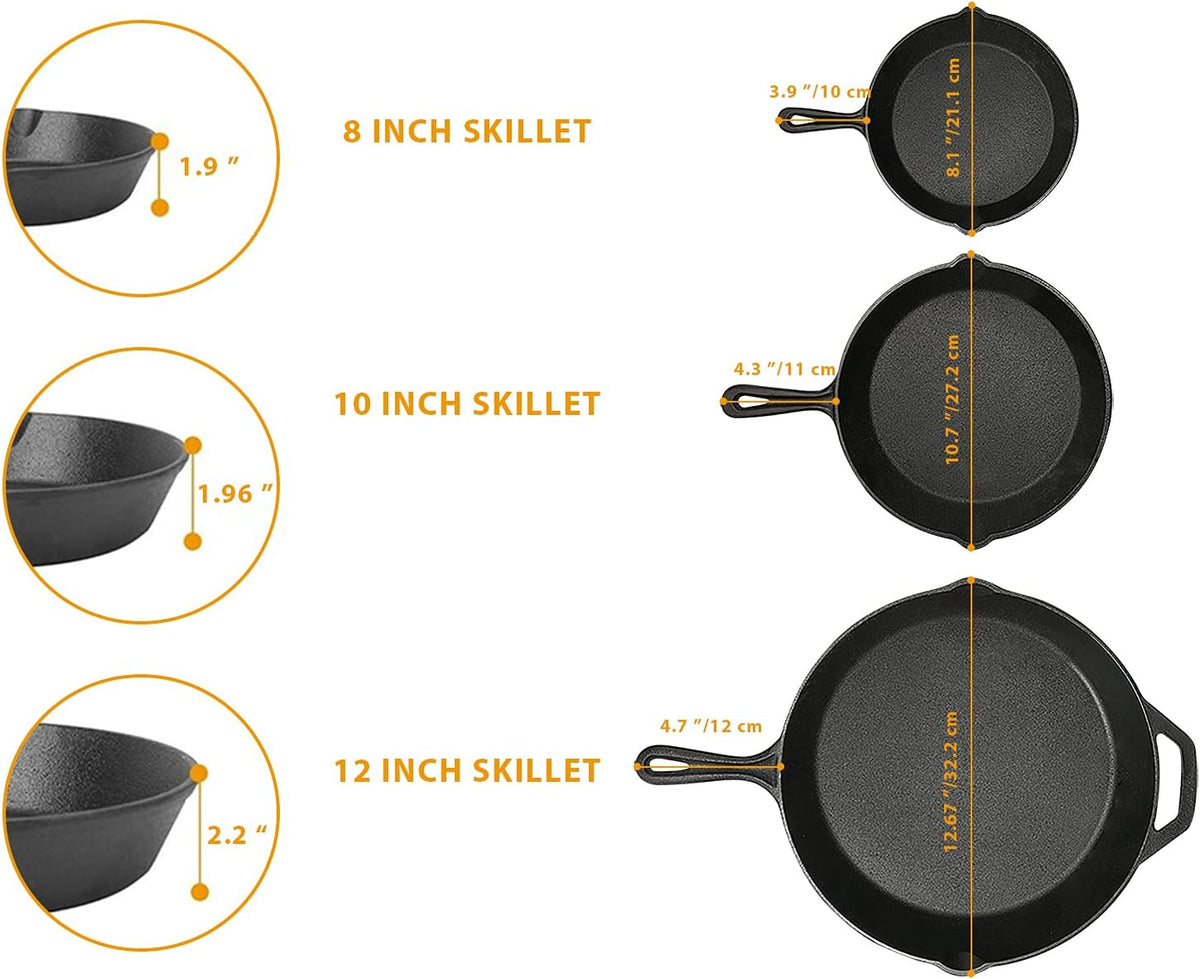 Cast Iron Skillet 3-Pack Set (8, 10, 12) Pre-Seasoned Cookware V686675