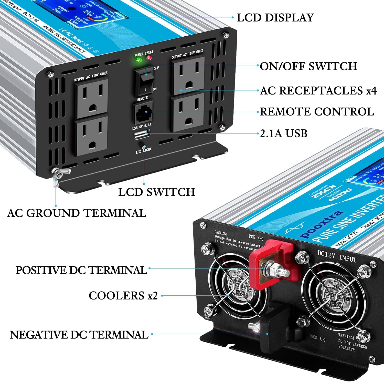 2000 Watt Pure Sine Wave Power Inverter 12V DC to 110V AC with LCD Display USB Port 4 AC Outlets J241
