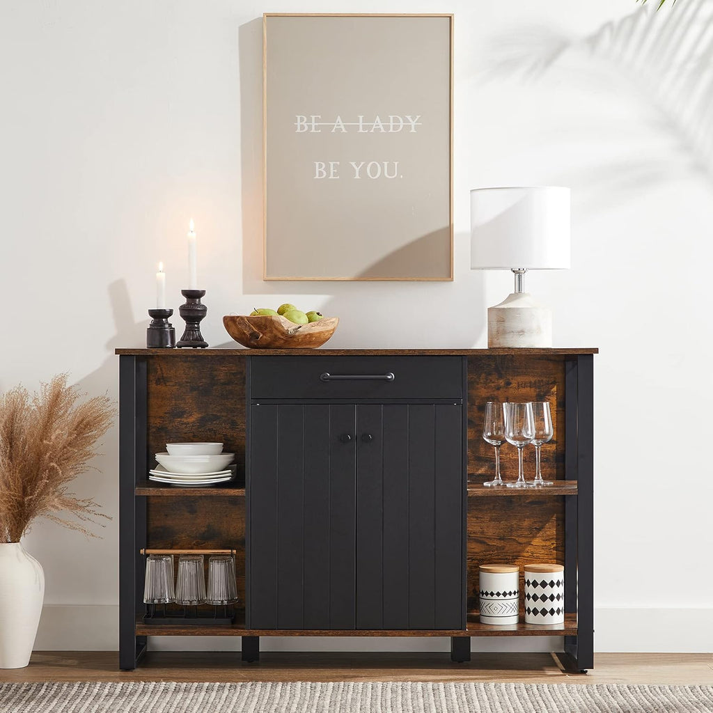 Rustic Brown and Black Steel Frame Buffet Cabinet with Drawer and Shelves T49802
