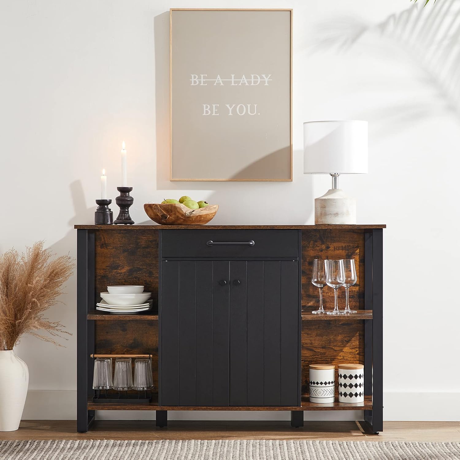 Rustic Brown and Black Steel Frame Buffet Cabinet with Drawer and Shelves T49802