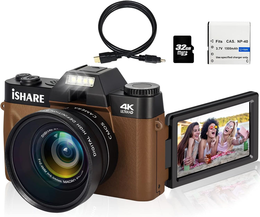 48MP 4K Digital Camera with 3.0 Inch 180° Flip Screen WiFi Camcorder with Wide-Angle Lens and 32GB Memory Card U55959