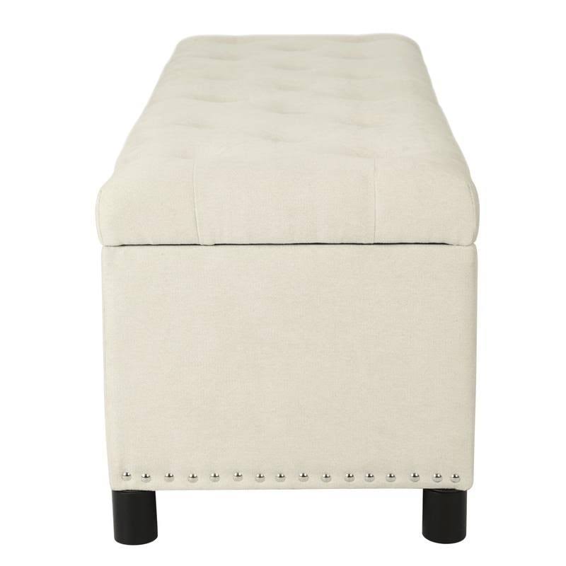 Beige Linen Storage Ottoman Bench with Nailhead Trim V126