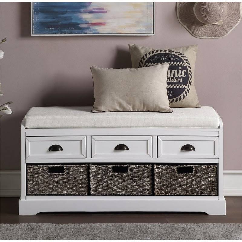 White Wood Storage Bench with 3 Drawers and 3 Baskets T590985