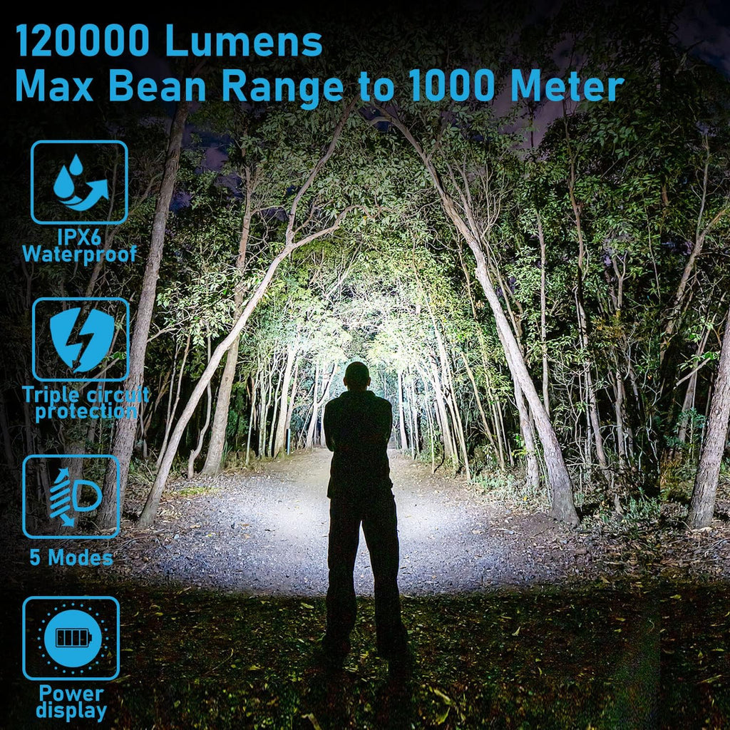 Rechargeable LED Tactical Flashlight, 120000 Lumen, Type-C Fast Charge, IPX6 Waterproof C719
