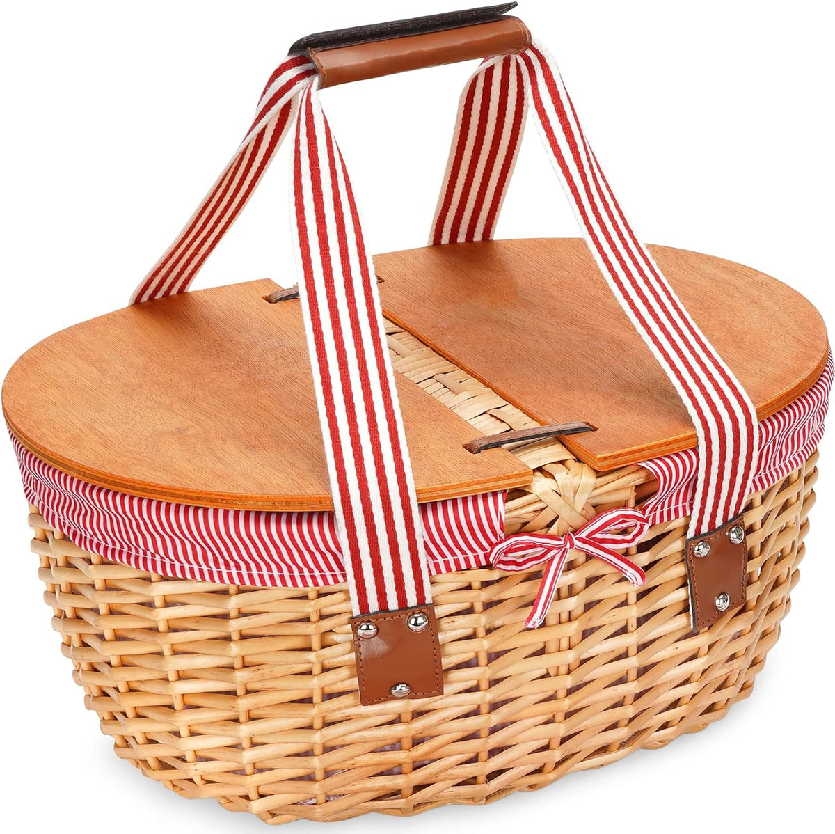 Wicker Picnic Basket Set for 2 with Double Wooden Lids & Handles and Cutlery Service Kits I493