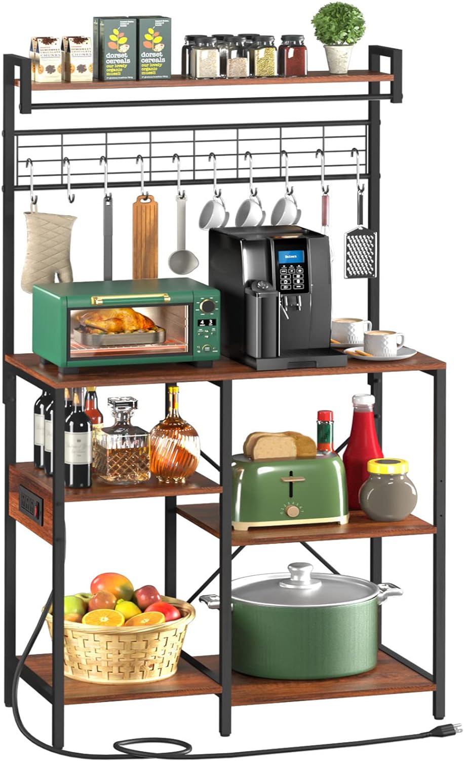 Industrial Bakers Rack with Power Outlet, 10 Hooks Y5214