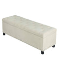 Beige Linen Storage Ottoman Bench with Nailhead Trim V126