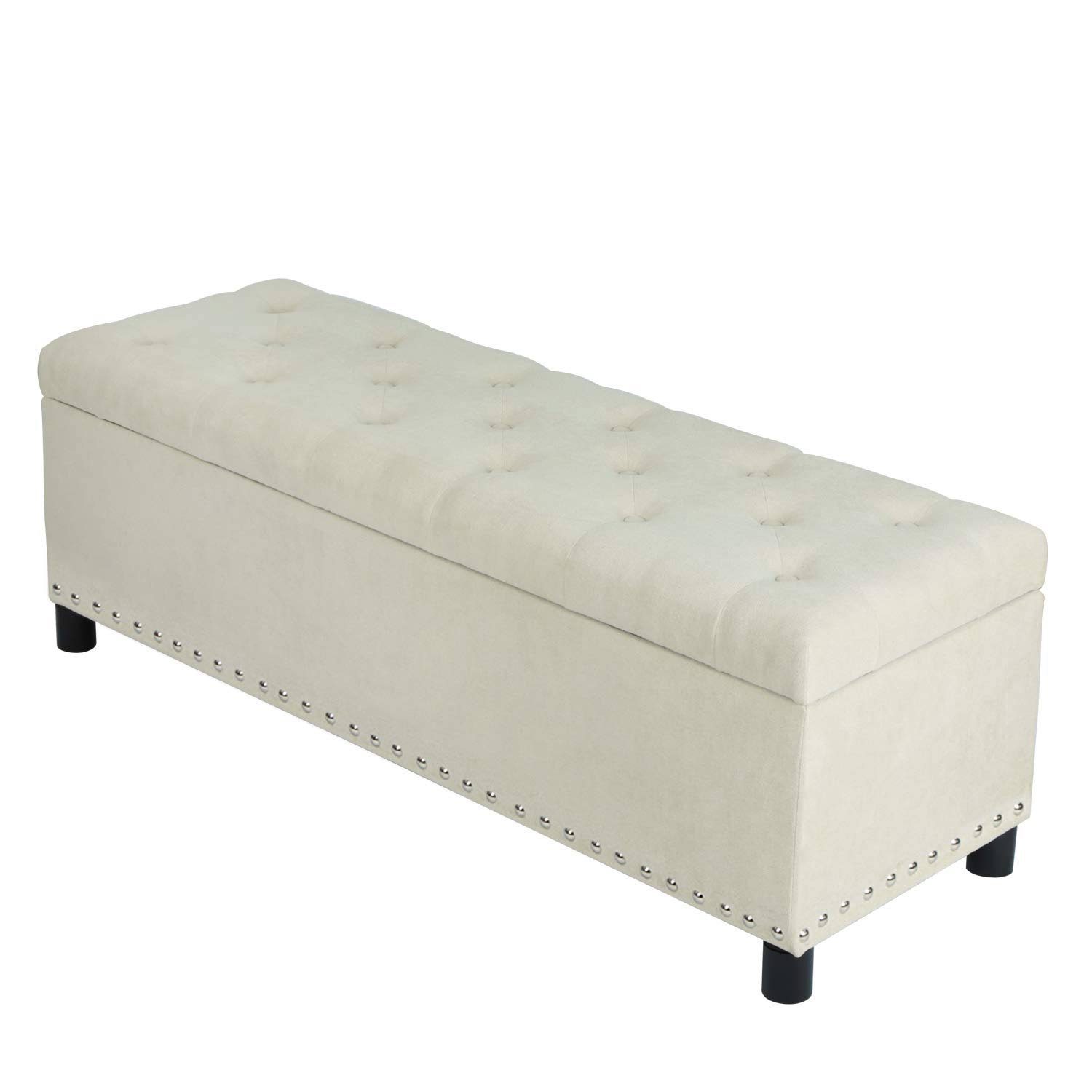 Beige Linen Storage Ottoman Bench with Nailhead Trim V126
