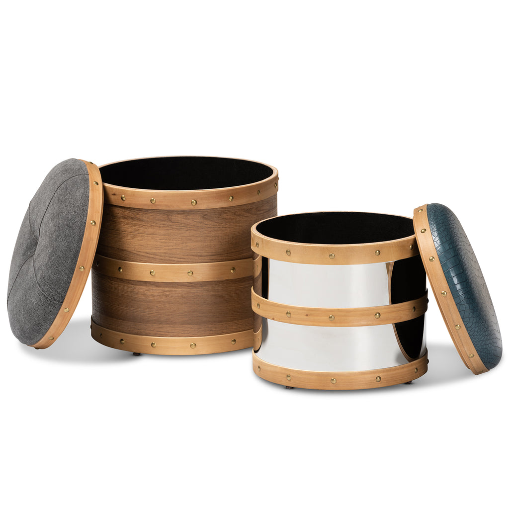 Grey Fabric and Blue Alligator Faux Leather 2-Piece Wood and Metal Storage Ottoman Set F589814