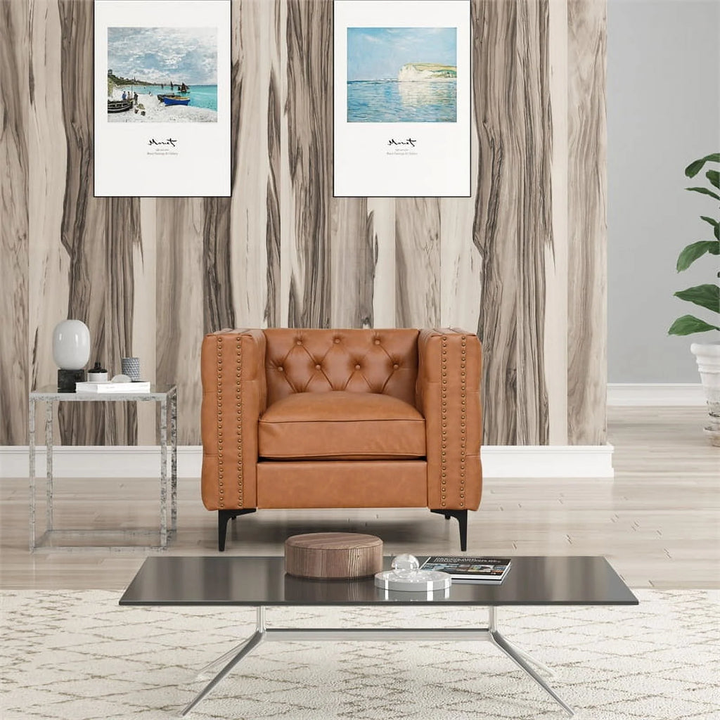 3-PC Leather Loveseat and 2 Chairs Set Saddle Brown Q57516