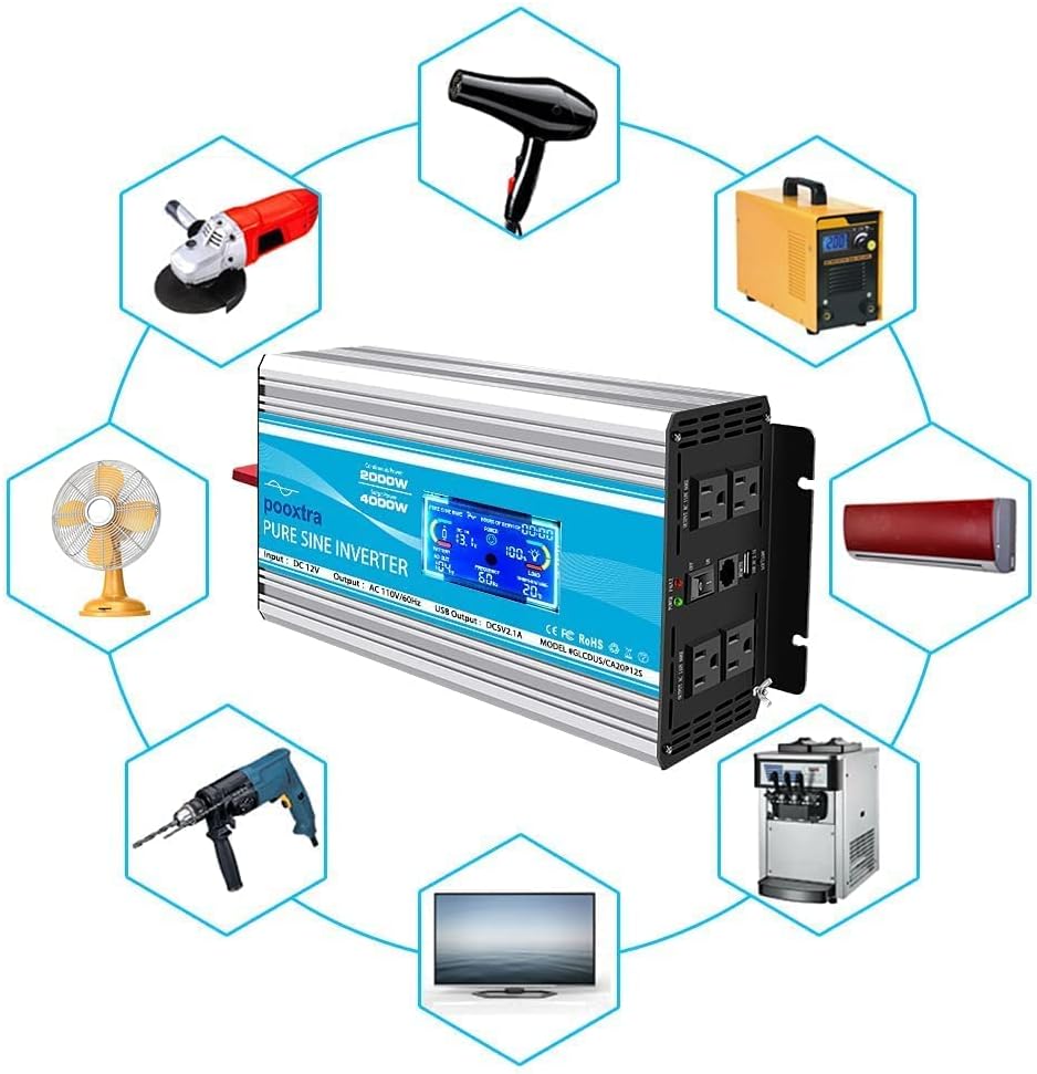 2000 Watt Pure Sine Wave Power Inverter 12V DC to 110V AC with LCD Display USB Port 4 AC Outlets J241