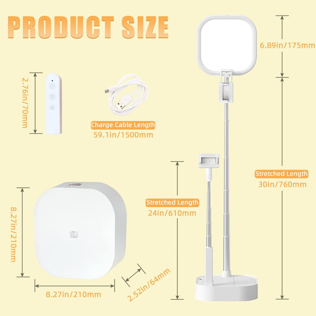 Extendable Selfie Light Stand, Adjustable Phone Selfie Stand, Overhead 360° Rotation Two Phone Holders, Rechargeable Wireless Phone Mount with LED Light, Pack of 2 S9952