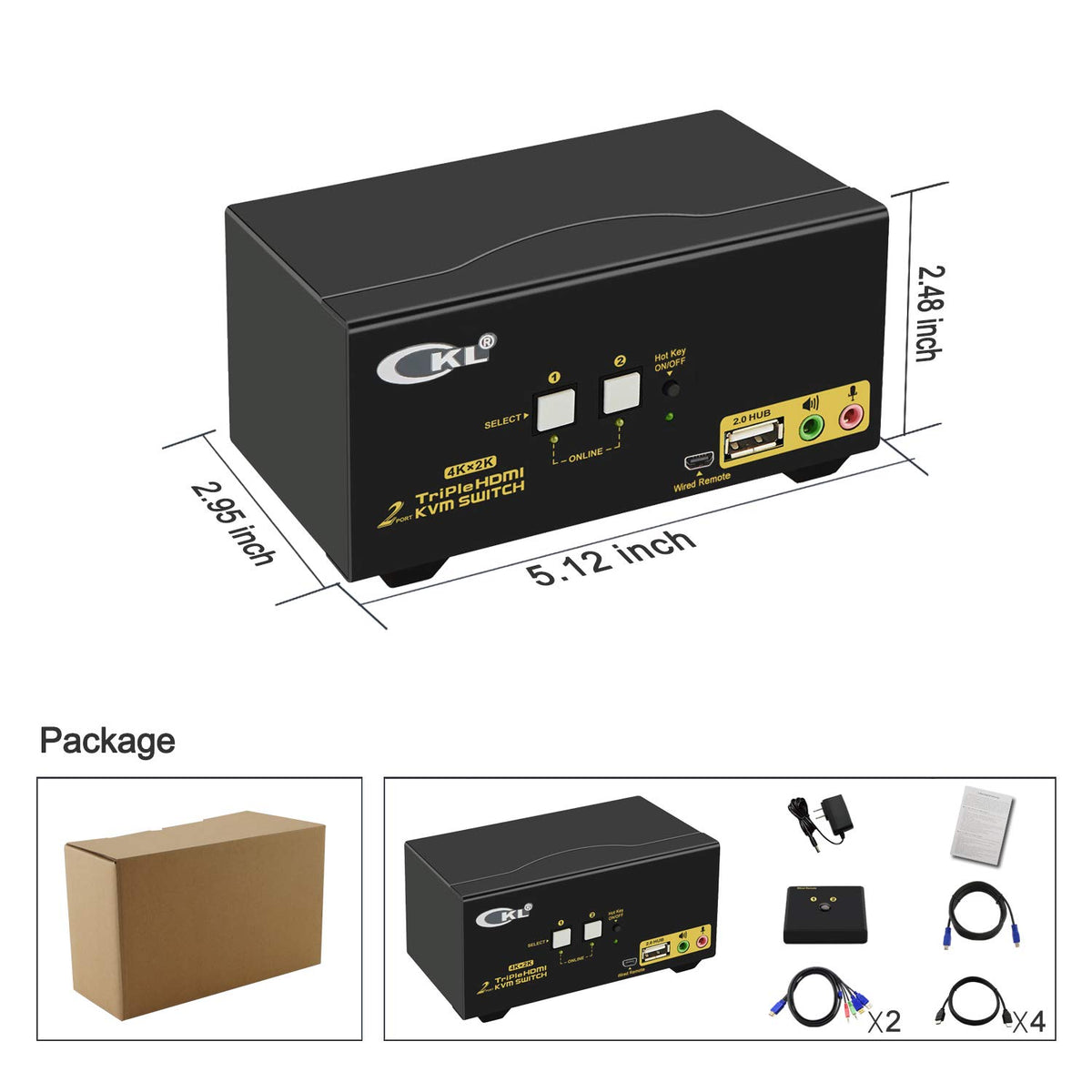 Triple Monitor HDMI KVM Switch 2 Port 4K@30Hz with Cables I28984