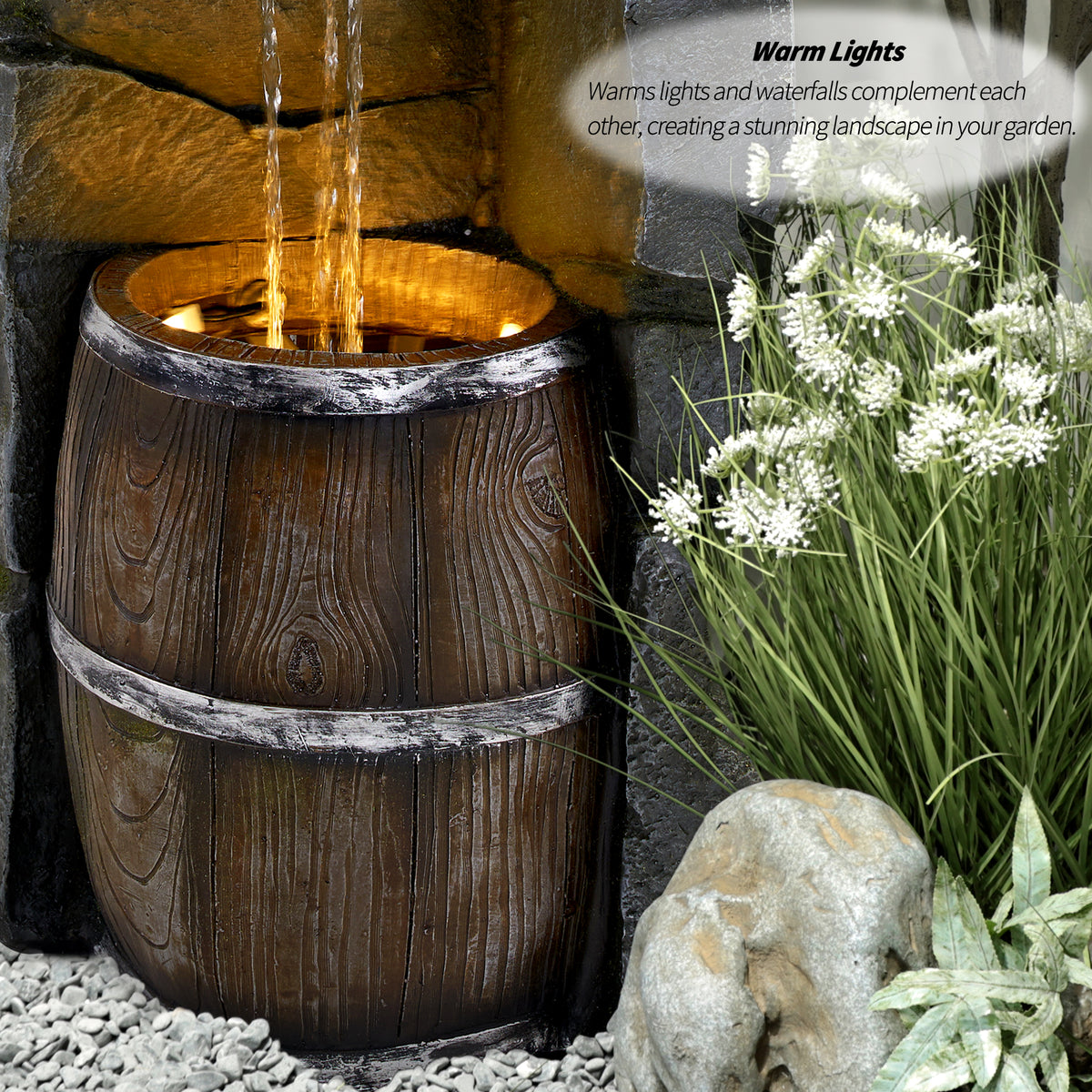 Whiskey Barrel Outdoor Freestanding Fountain with LED Lights U49801