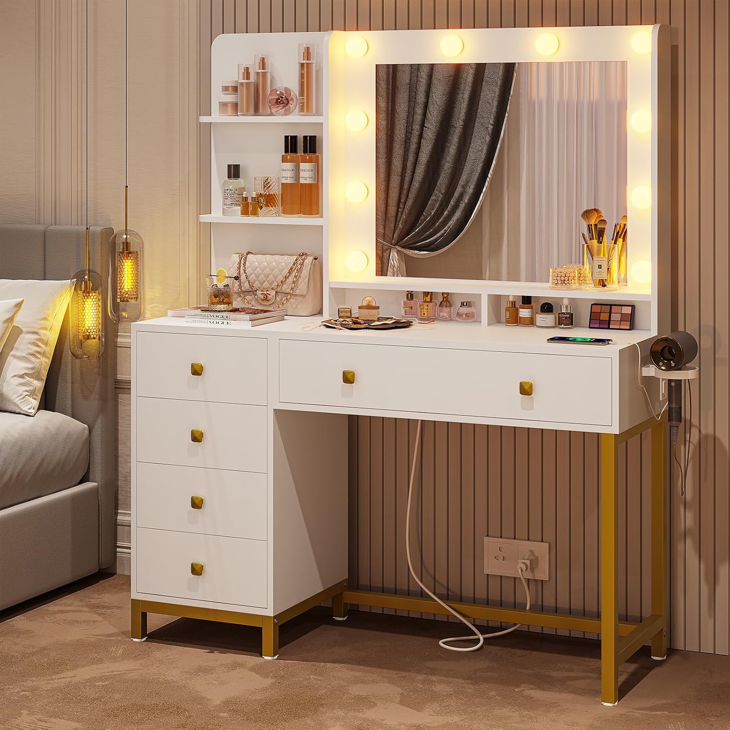 White Vanity Desk with Mirror, LED Lights, 5 Drawers and 3 Storage Shelves R2471