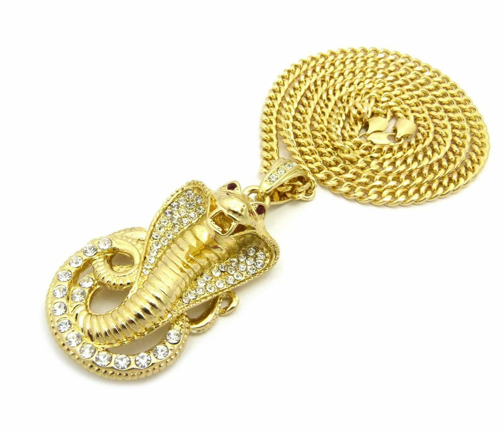 Gold Plated Cubic Zirconia Snake Pendant & 30" Cuban Chain Necklace U569991