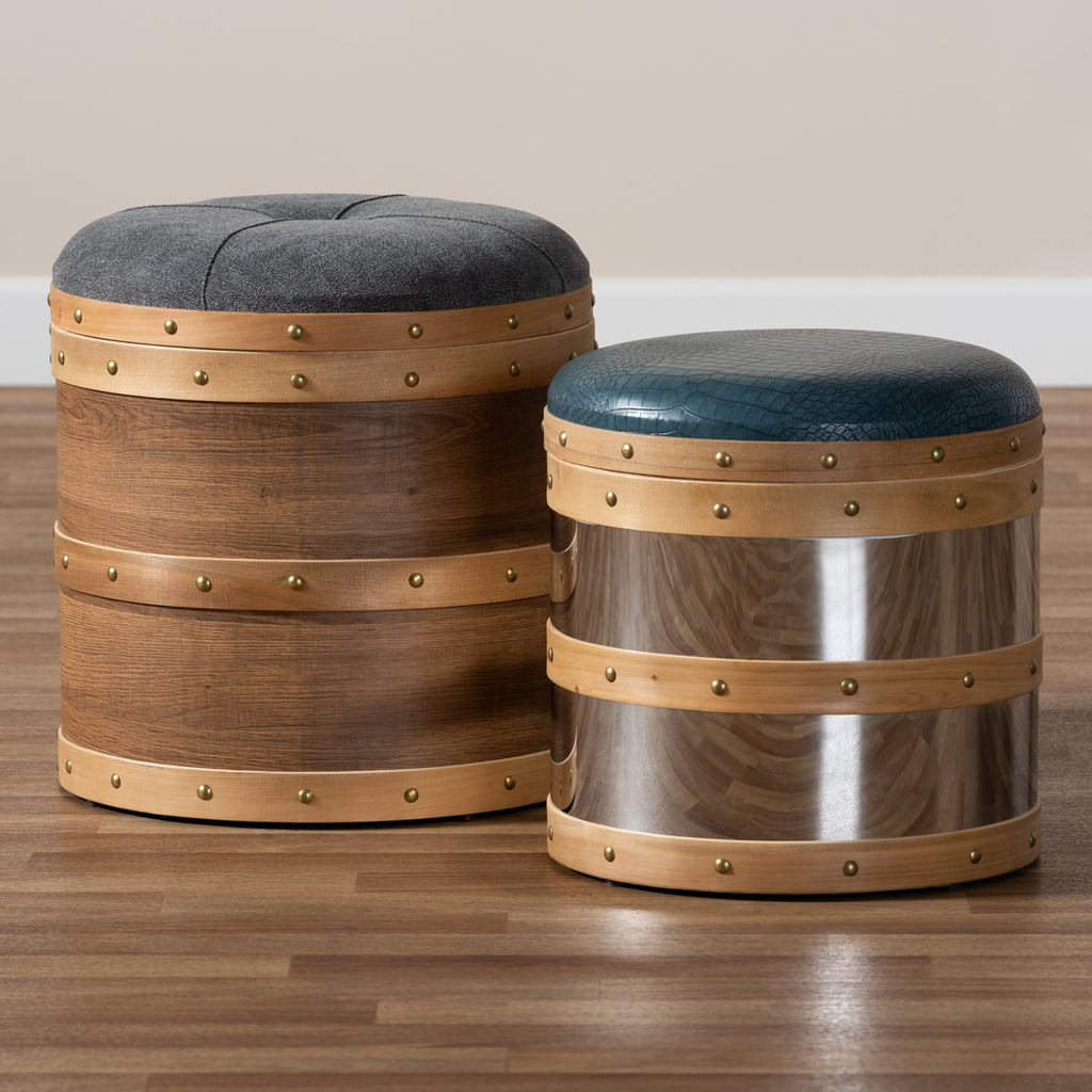 Grey Fabric and Blue Alligator Faux Leather 2-Piece Wood and Metal Storage Ottoman Set F589814