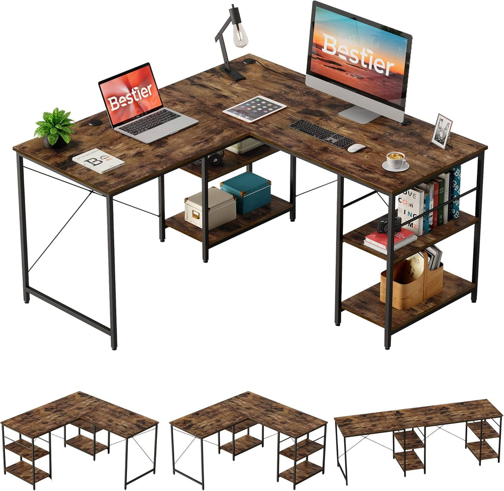 Grey Oak L Shaped Desk with Shelves 95.2 Inch Reversible Corner Computer Desk Z25486