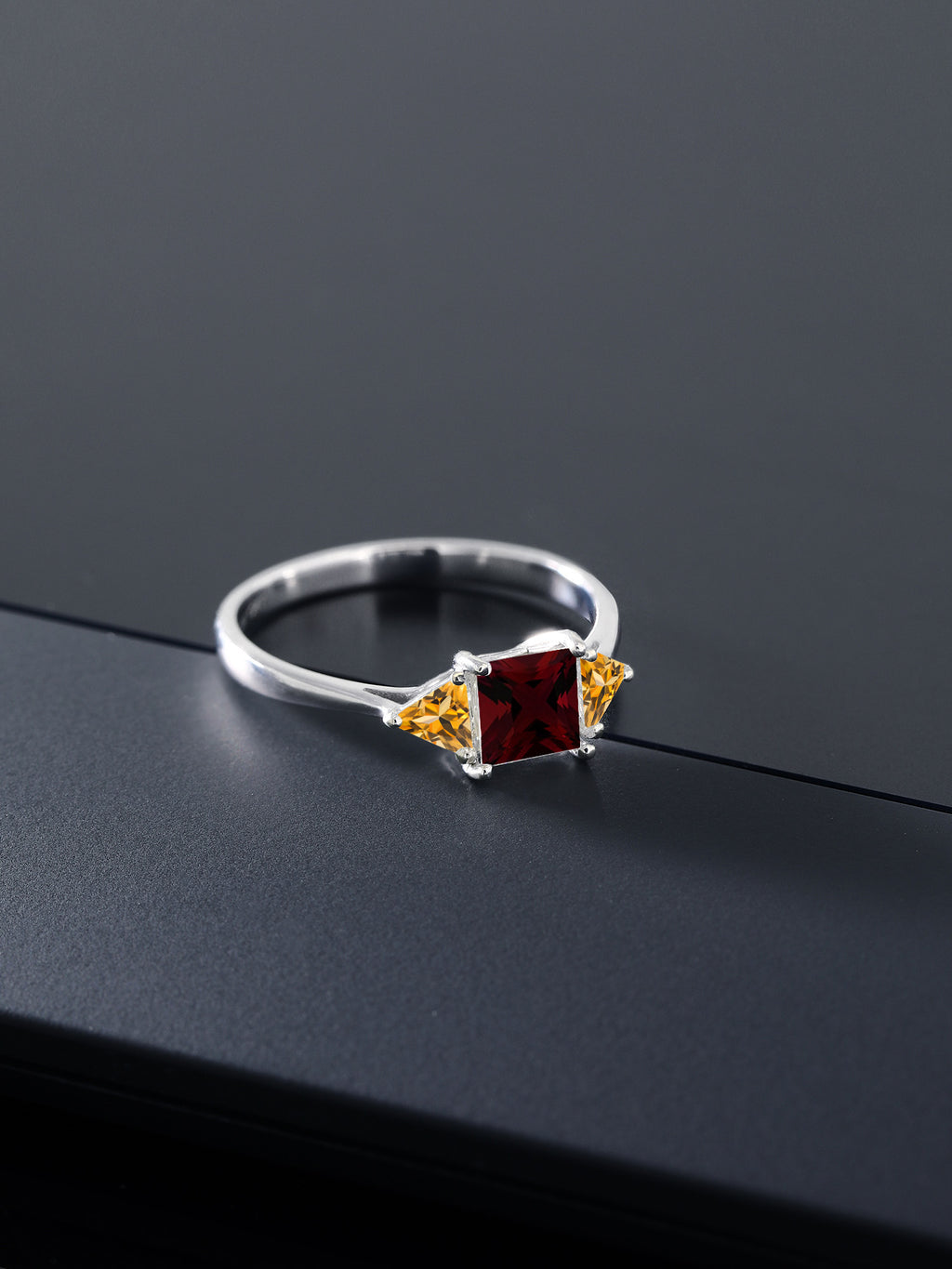10K White Gold Red Garnet and Yellow Citrine 3 Stone Engagement Ring O191