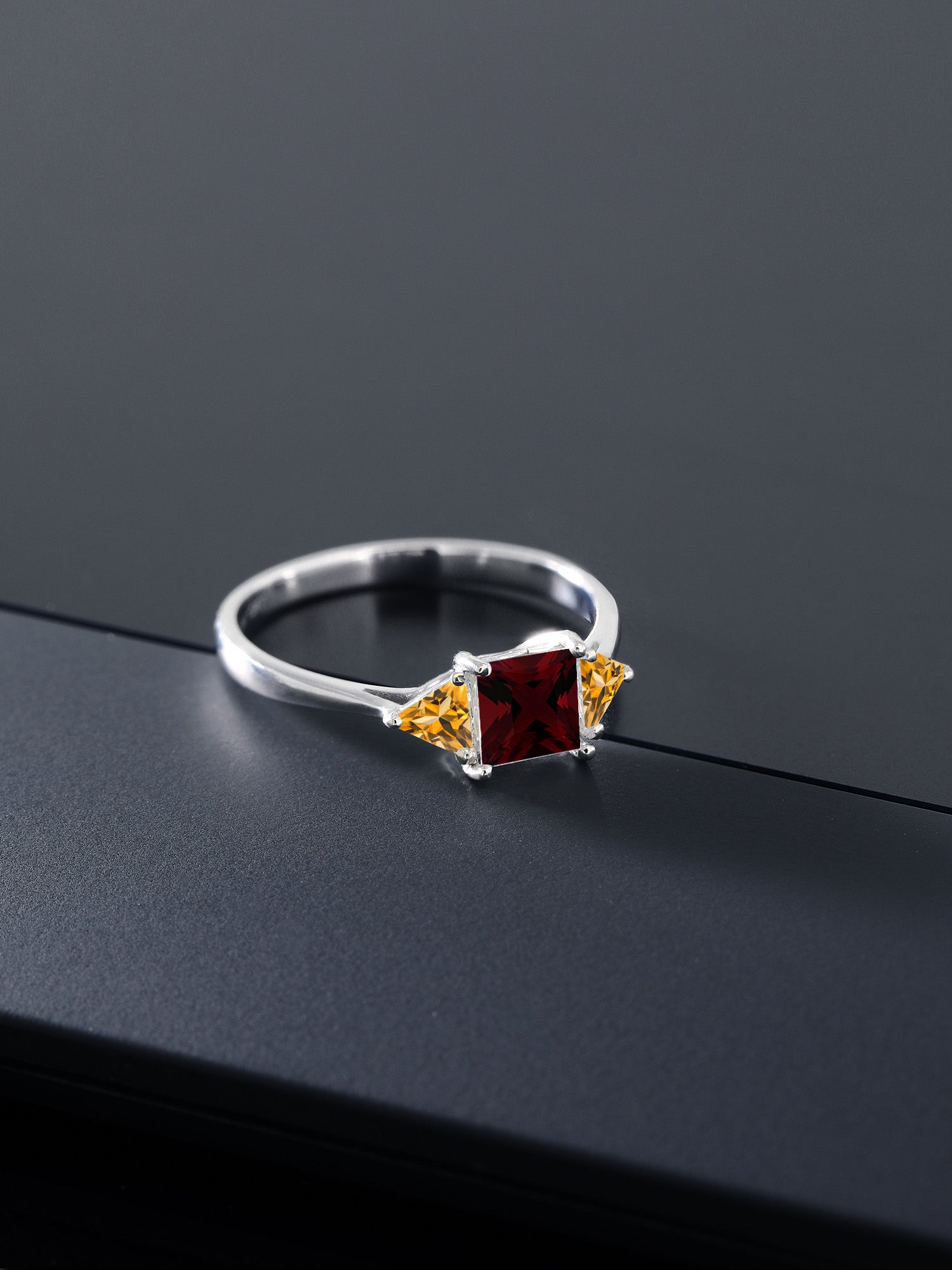 10K White Gold Red Garnet and Yellow Citrine 3 Stone Engagement Ring O191