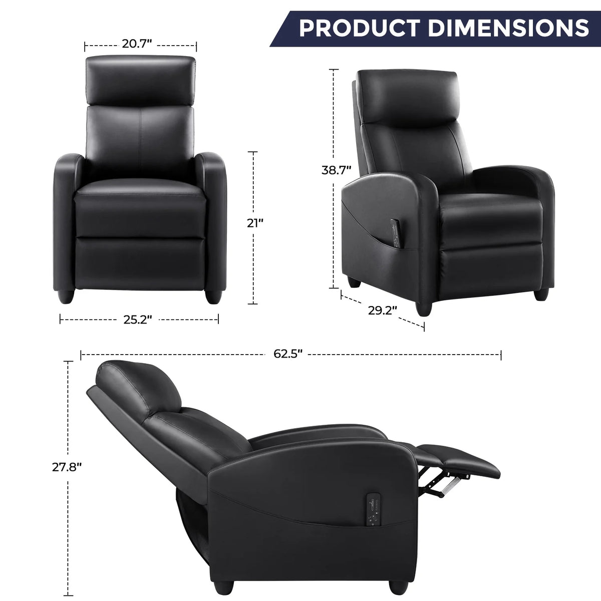 Black PU Leather Single Sofa Recliner Chair with Massage Backrest O277