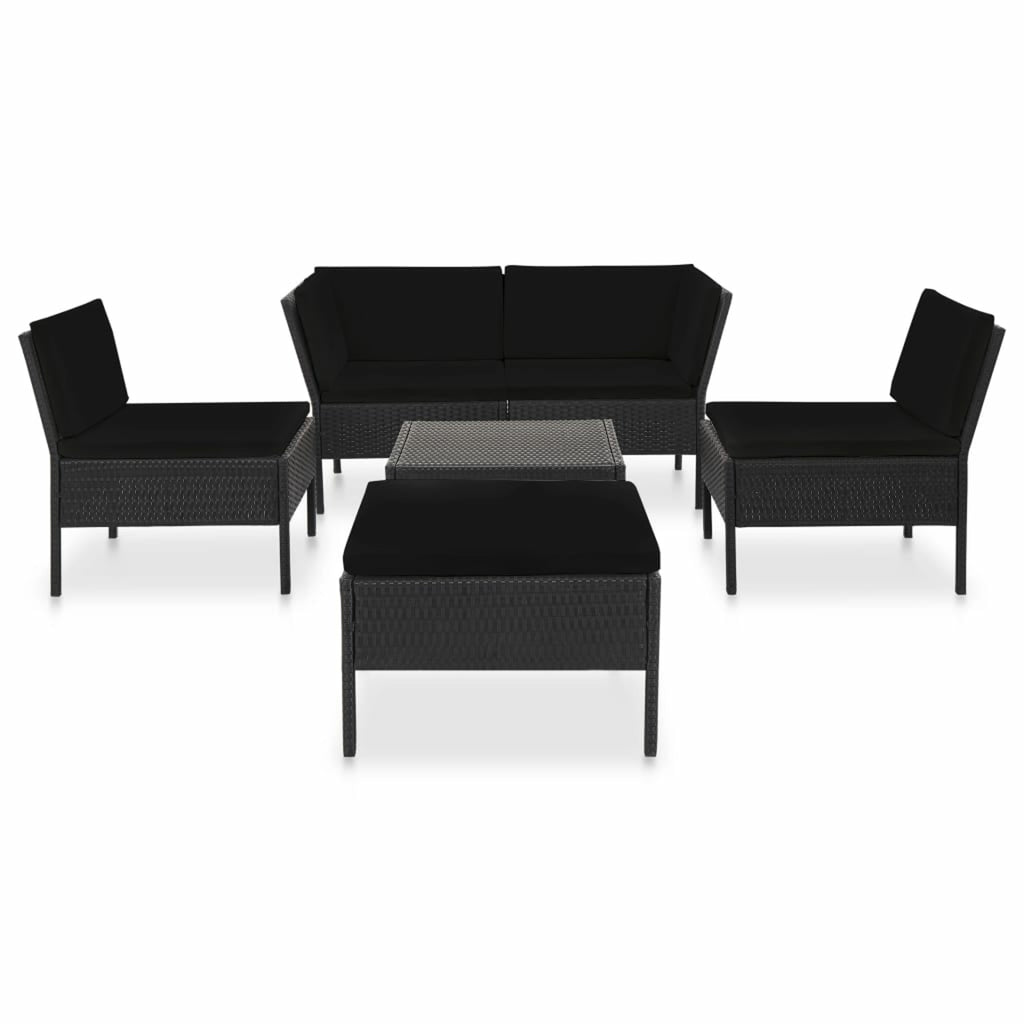 6 Piece Outdoor Conversation Set with 2 Corner 2 Middle Sofas Coffee Table Ottoman Black Poly Rattan Patio Sectional Set A66328