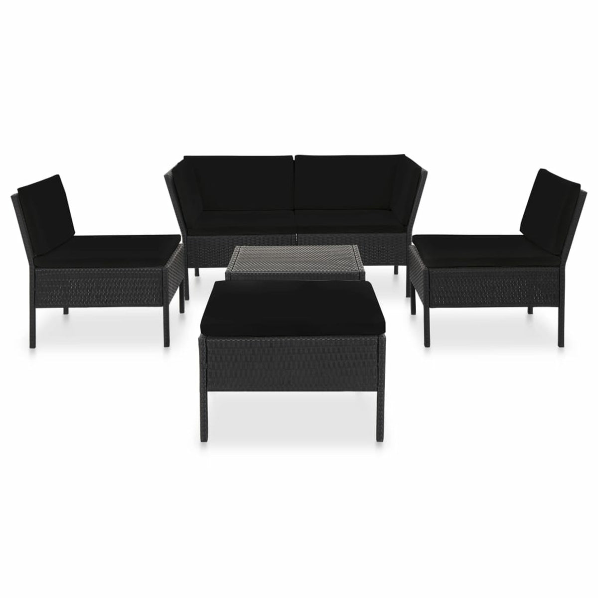 6 Piece Outdoor Conversation Set with 2 Corner 2 Middle Sofas Coffee Table Ottoman Black Poly Rattan Patio Sectional Set A66328