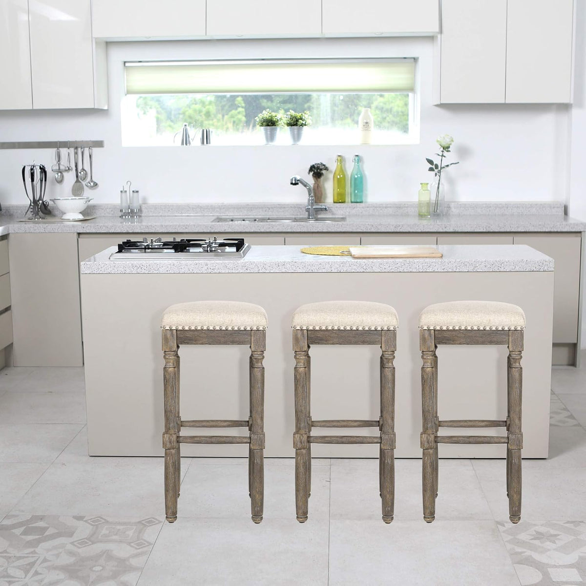 Kitchen Counter Barstool 30 Inch Seat Height Taupe Set of 2 P249
