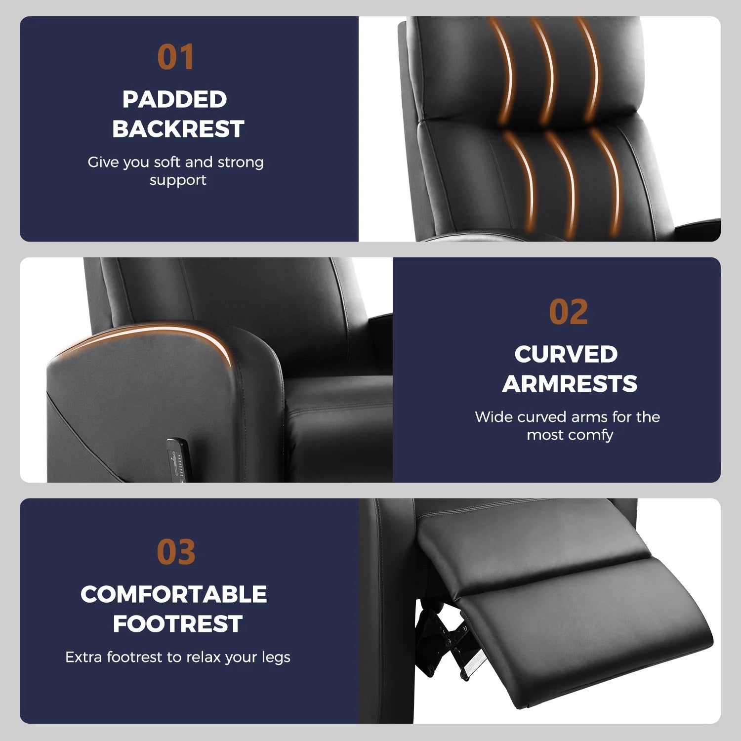 Black PU Leather Single Sofa Recliner Chair with Massage Backrest O277