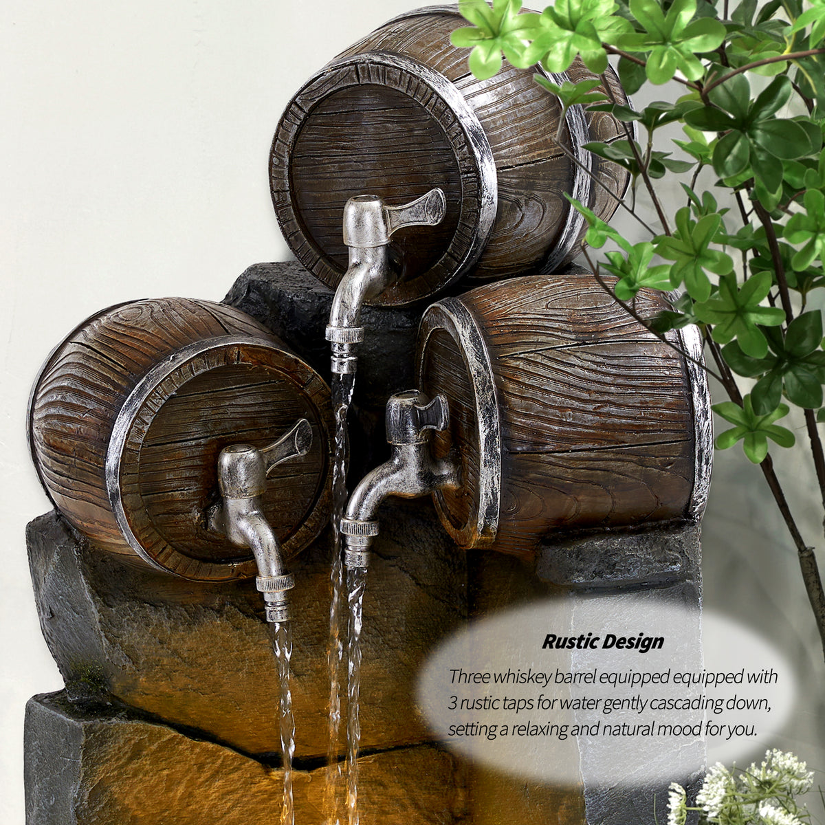 Whiskey Barrel Outdoor Freestanding Fountain with LED Lights U49801