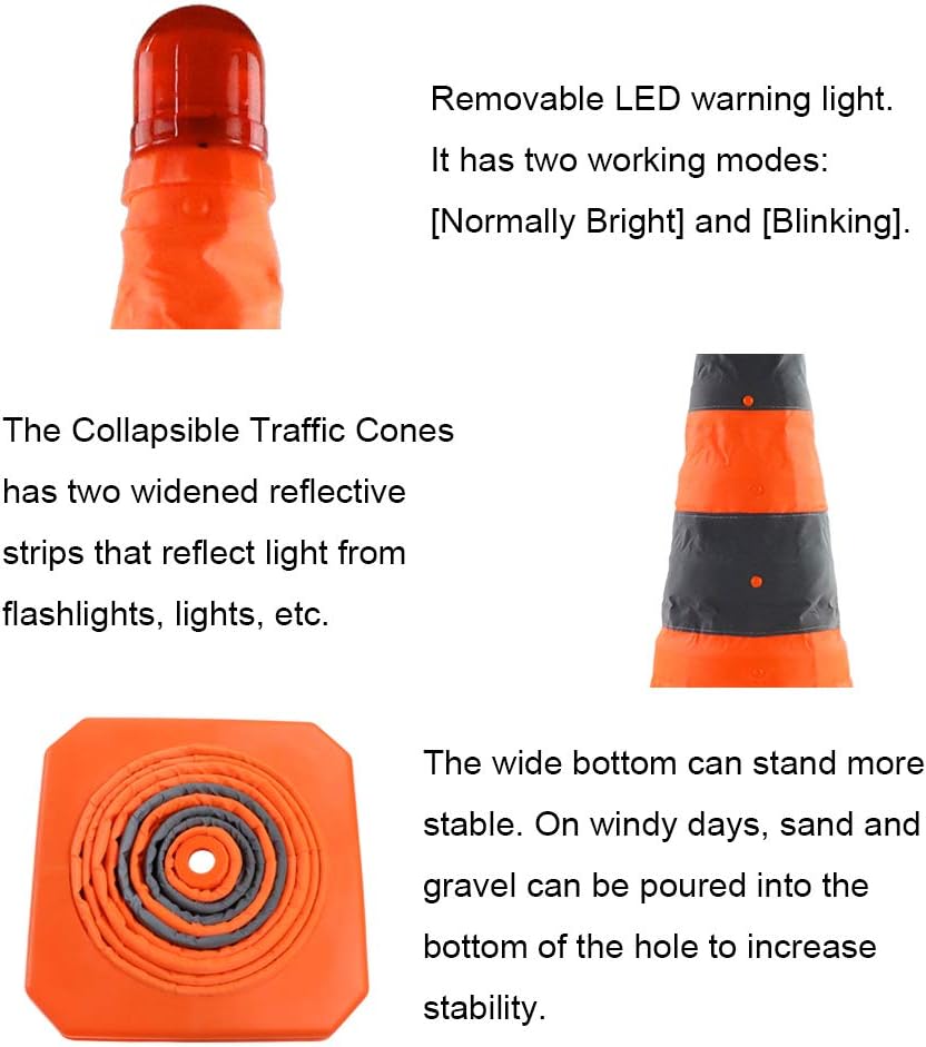 4 Pack Orange Collapsible Traffic Cones with LED Light B642