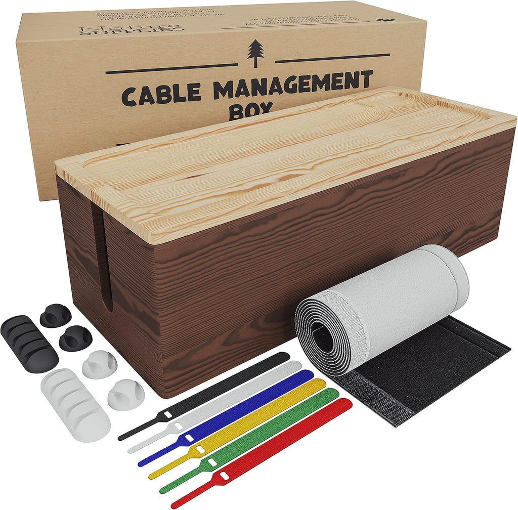 Natural Wood Cable Management Box Set of Two Large & Medium Cord Organizer Box B80088